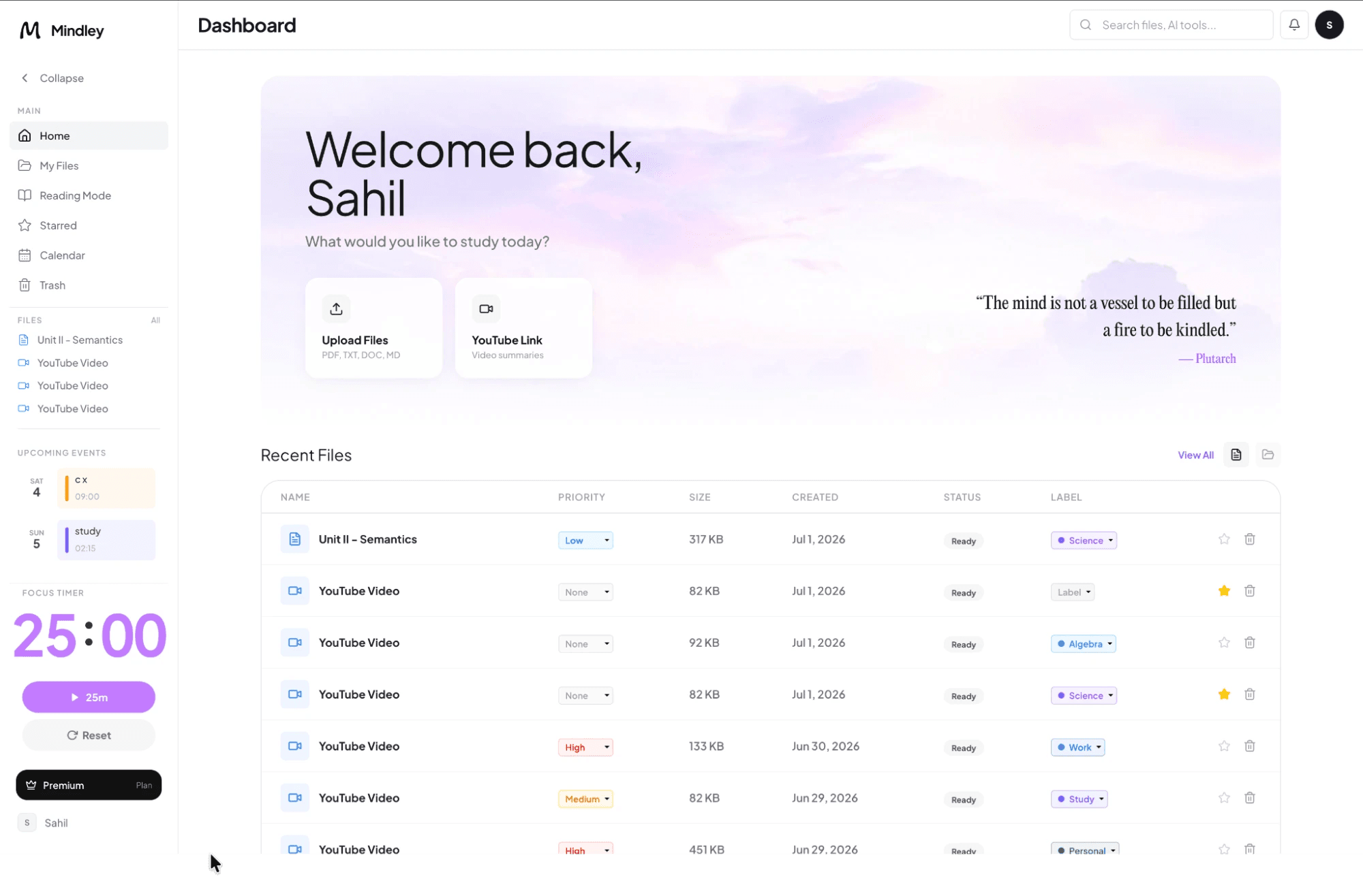 Mindley dashboard with upload options, private study files, calendar events, and focus timer