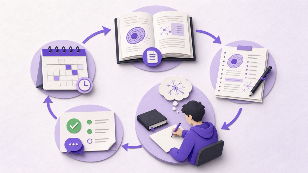 Five-stage exam revision loop showing source material, notes, active recall, feedback and scheduled review